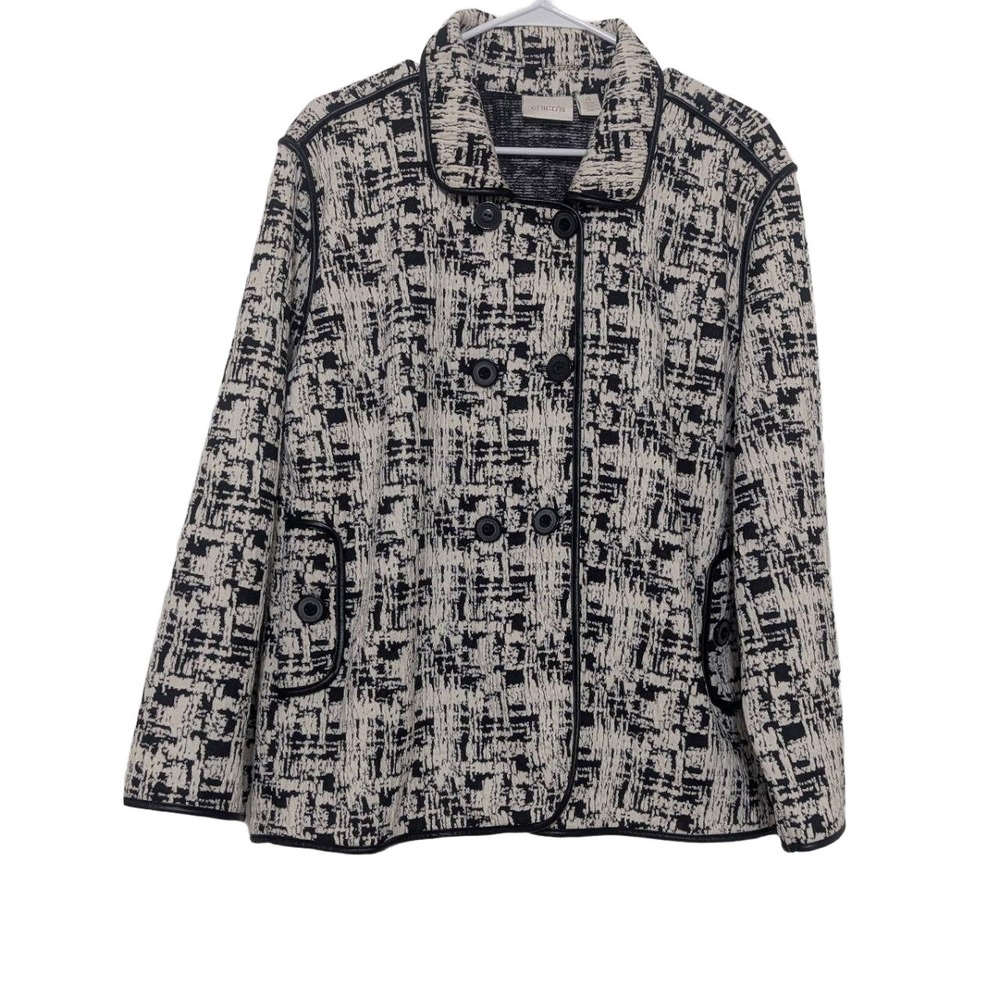 NWT Chico's Womens 4 Black White Leather Trim Double Breasted Blazer